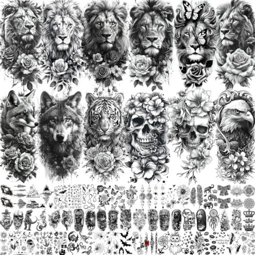 72 Sheets Realistic Lion Rose Flower Temporary Tattoos For Women Girls Adults Arm, Bulk Temp Sleeve Tattoos Peony Fox Wolf Florals, Halloween 3D Realistic Fake Tattoo Stickers Skull Skeleton Tiger