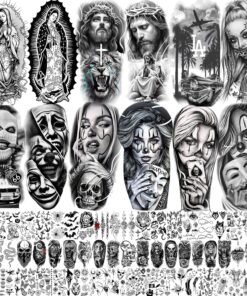 73 Sheets Halloween Chicano Temporary Tattoos For Women Men Adults Cholo Chola, Our Lady of Guadalupe Tattoo Stickers Religion, Chicana Gangster Prisoner Mexico Culture Joker Fake Tattoo Jesus Christ