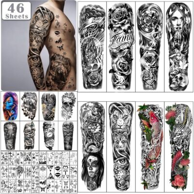 Extra Large Full Arm Waterproof Temporary Tattoos 8 Sheets and Half Arm Shoulder Tattoo 8 Sheets, Tiny 30sheets Lasting Tattoo Stickers