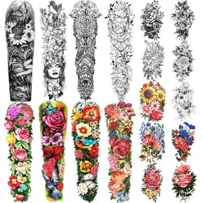 Temporary Tattoo Full Arm 8 Sheets and Half Arm Shoulder Waterproof Fake Tattoos 10 Sheets, Extra Large LastingTattoo Stickers for Girls or Women