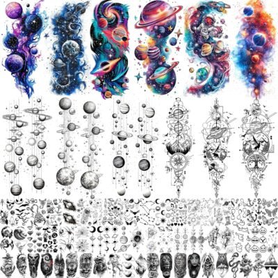 70 Sheets Watercolor Planets Galaxy Temporary Tattoos For Women Men Kids Boys Girls, 3D Star Universe Solar System Waterproof Half Arm Sleeve Tattoos For Adult, Forearm Fake Tattoo Sticker Outer Space