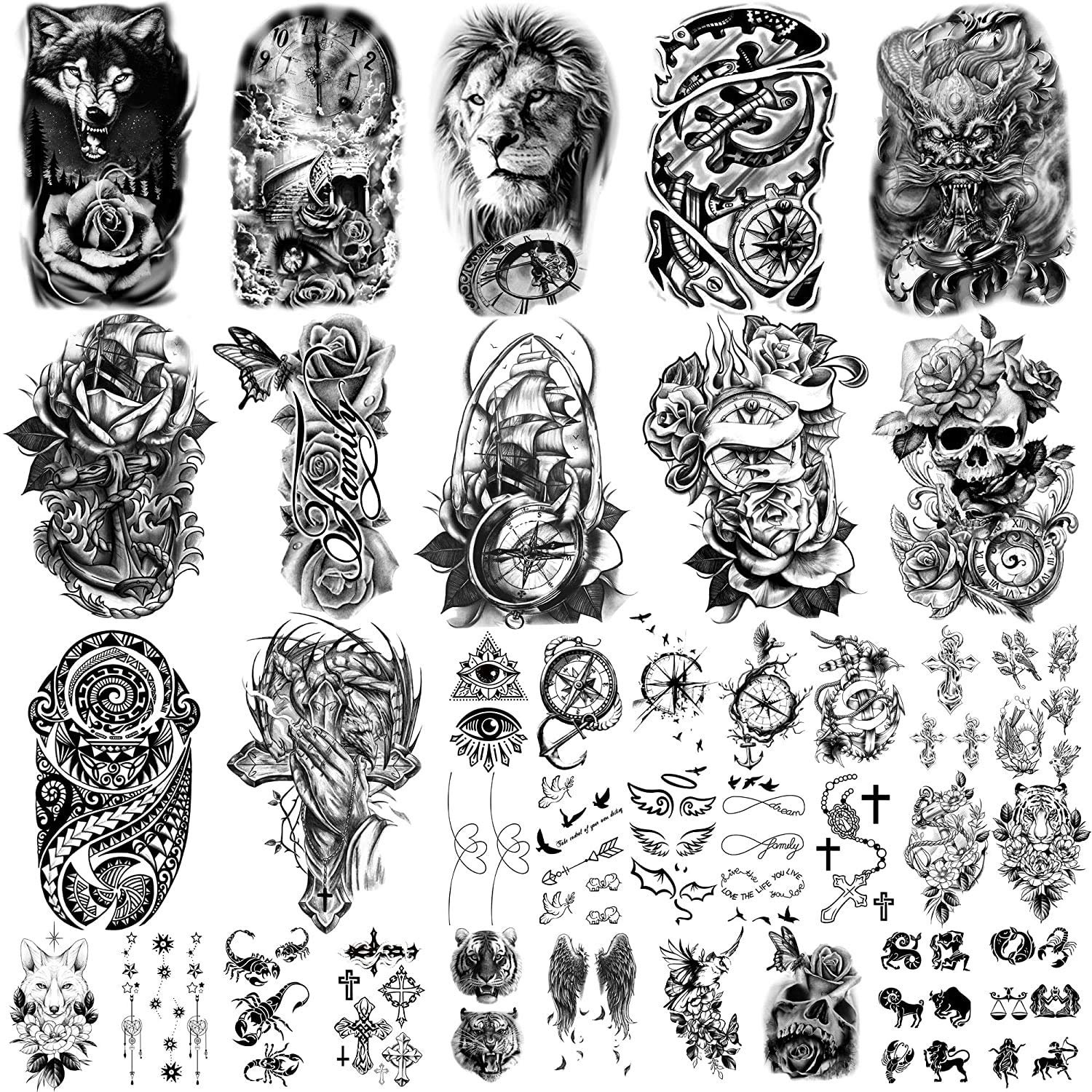 36 Sheets Temporary Tattoos Stickers, 12 Sheets Fake Body Arm Chest Shoulder Tattoos for Men or Women with 24 Sheets Tiny Black Tattoos - Image 2