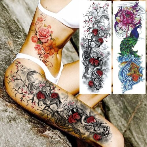 20 Sheets Extra Large Full Arm Temporary Tattoos For Women Thigh, Wolf Fox Peacock Skull Rose Flower Sleeve Tattoos For Adults, 3D Long Lasting Temp Bulk Lion Nun Witch Halloween Fake Tattoo Stickers - Image 5