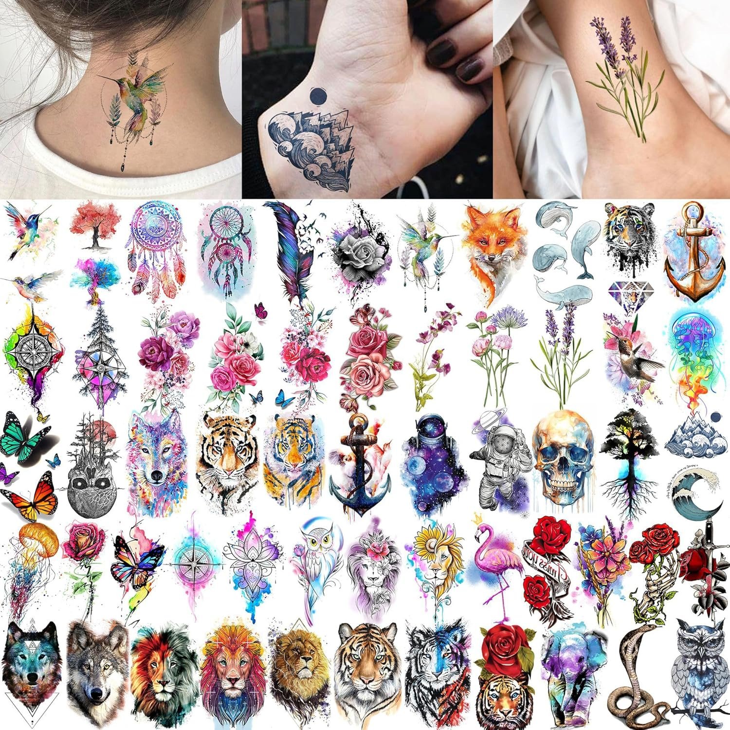 69 Sheets Watercolor 3D Rose Flowers Temporary Tattoos For Women Girls Adults, Realistic Peony Florals Fake Tattoo Stickers Dreamcatcher, Colorful Bulk Half Arm Sleeve Tattoo Butterfly Tiger - Image 5
