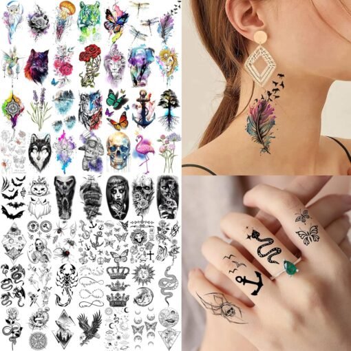 68 Sheets Realistic Butterflies Temporary Tattoos For Women Girls Adults Arm, Colored Long Lasting Temp Bulk Tattoo Rose Butterfly, 3D Black Butterfly Fake Tattoo Stickers Party Rave Accessories - Image 5