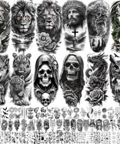 75 Sheets Skull Temporary Tattoos For Men Adults Forearm, Halloween Zeus God Lion Poseidon Half Arm Sleeve Tattoo For Women Jesus Christ Skeleton Dragon Owl, Realistic Fake Tattoo Stickers Wolf Tiger