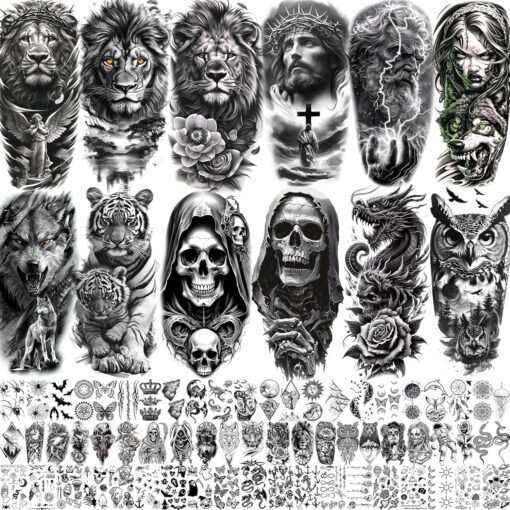 75 Sheets Skull Temporary Tattoos For Men Adults Forearm, Halloween Zeus God Lion Poseidon Half Arm Sleeve Tattoo For Women Jesus Christ Skeleton Dragon Owl, Realistic Fake Tattoo Stickers Wolf Tiger