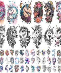 77 Sheets Unicorn Temporary Tattoo Adult Women Girls Half Arm Sleeve Realistic Fake Tattoos Halloween Wedding Costume Birthday Party Favors Decorations