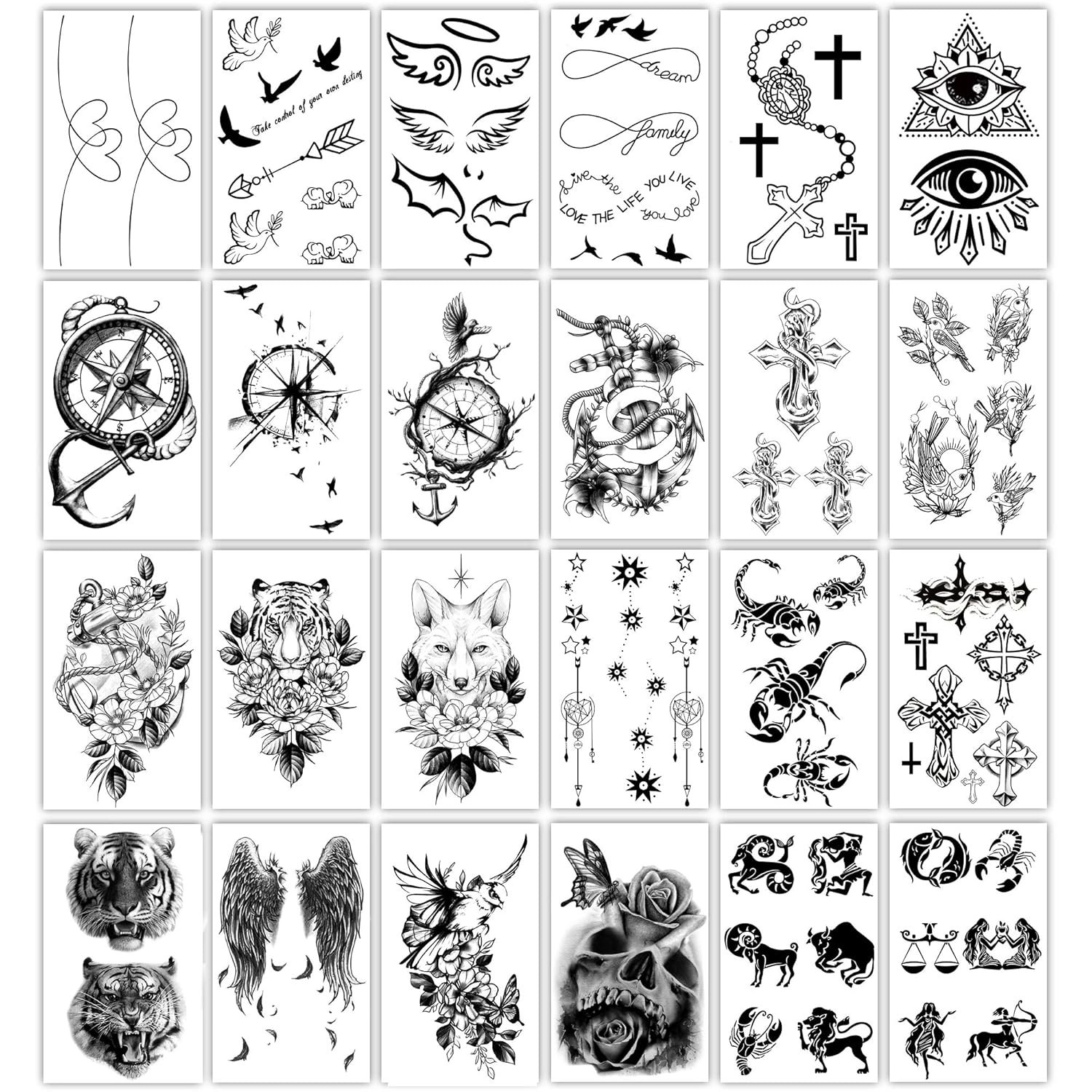 36 Sheets Temporary Tattoos Stickers, 12 Sheets Fake Body Arm Chest Shoulder Tattoos for Men or Women with 24 Sheets Tiny Black Tattoos - Image 3
