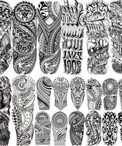 20 Sheets Cool Tirbal Maori Full Arm Temporary Tattoos For Men Adults Thigh, Black Totem Armband Robot Arm Letter Fake Sleeve Tattoos For Women
