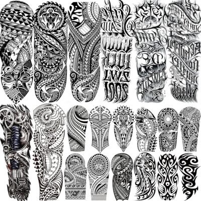 20 Sheets Cool Tirbal Maori Full Arm Temporary Tattoos For Men Adults Thigh, Black Totem Armband Robot Arm Letter Fake Sleeve Tattoos For Women