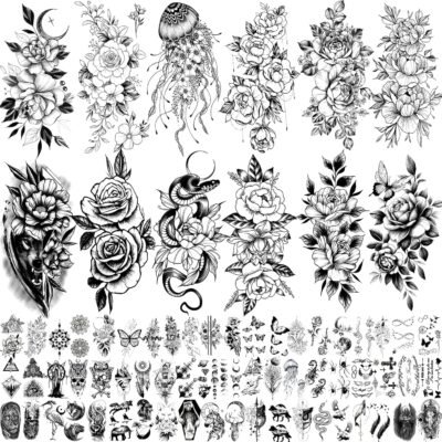 72 Sheets 3D Flowers Temporary Tattoos for Women Adult, Fake Tattoos Body Art Arm Sketch Tattoo Stickers for Women and Girls
