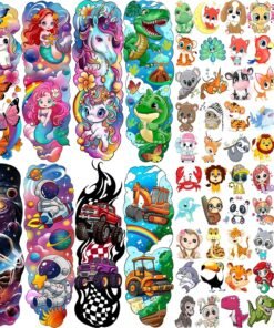 58 PCS Unicorn Mermaid Full Arm Temporary Tattoo For Kids Girls Boys, Dinosaur Car Space Monster Truck Animals Butterfly Body Face Fake Arm Sleeve Tattoos Stickers, Goodie Bags Stuffers Party Supplies