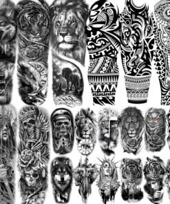 20 Sheets Black Tribal Wolf Tiger Lion Temporary Tattoo Sleeve For Men Adults, 3D Halloween Prison Gothic Maori Sleeve Tattoos For Women, Fake Full Arm Sleeve Tattoo Stickers Skull Skeleton
