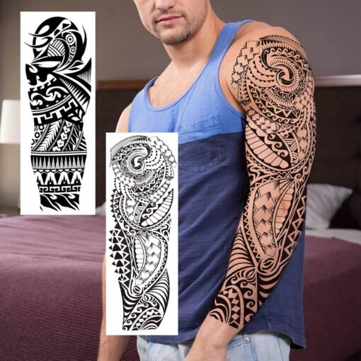 20 Sheets Black Tribal Wolf Tiger Lion Temporary Tattoo Sleeve For Men Adults, 3D Halloween Prison Gothic Maori Sleeve Tattoos For Women, Fake Full Arm Sleeve Tattoo Stickers Skull Skeleton - Image 5