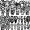 20 Sheets Black Lion Leopard Full Arm Temporary Tattoos, Floral Forest Wolf Skull Skeleton Eagle Maori Turtle Totem Fake Sleeve Tattoos