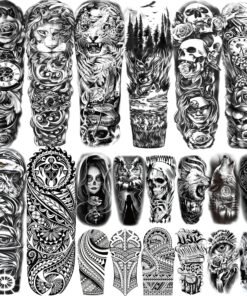 20 Sheets Black Lion Leopard Full Arm Temporary Tattoos, Floral Forest Wolf Skull Skeleton Eagle Maori Turtle Totem Fake Sleeve Tattoos