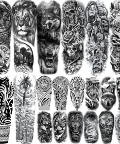 20 Sheets Cool Wolf Lion Tiger Full Arm Temporary Tattoos For Men Adults Thigh, Skull Nun Maori Flower Fake Sleeve Tattoo For Women, 3D Bulk Black Tribal Eye Halloween Clock Christ Tattoo Stickers