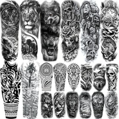20 Sheets Cool Wolf Lion Tiger Full Arm Temporary Tattoos For Men Adults Thigh, Skull Nun Maori Flower Fake Sleeve Tattoo For Women, 3D Bulk Black Tribal Eye Halloween Clock Christ Tattoo Stickers