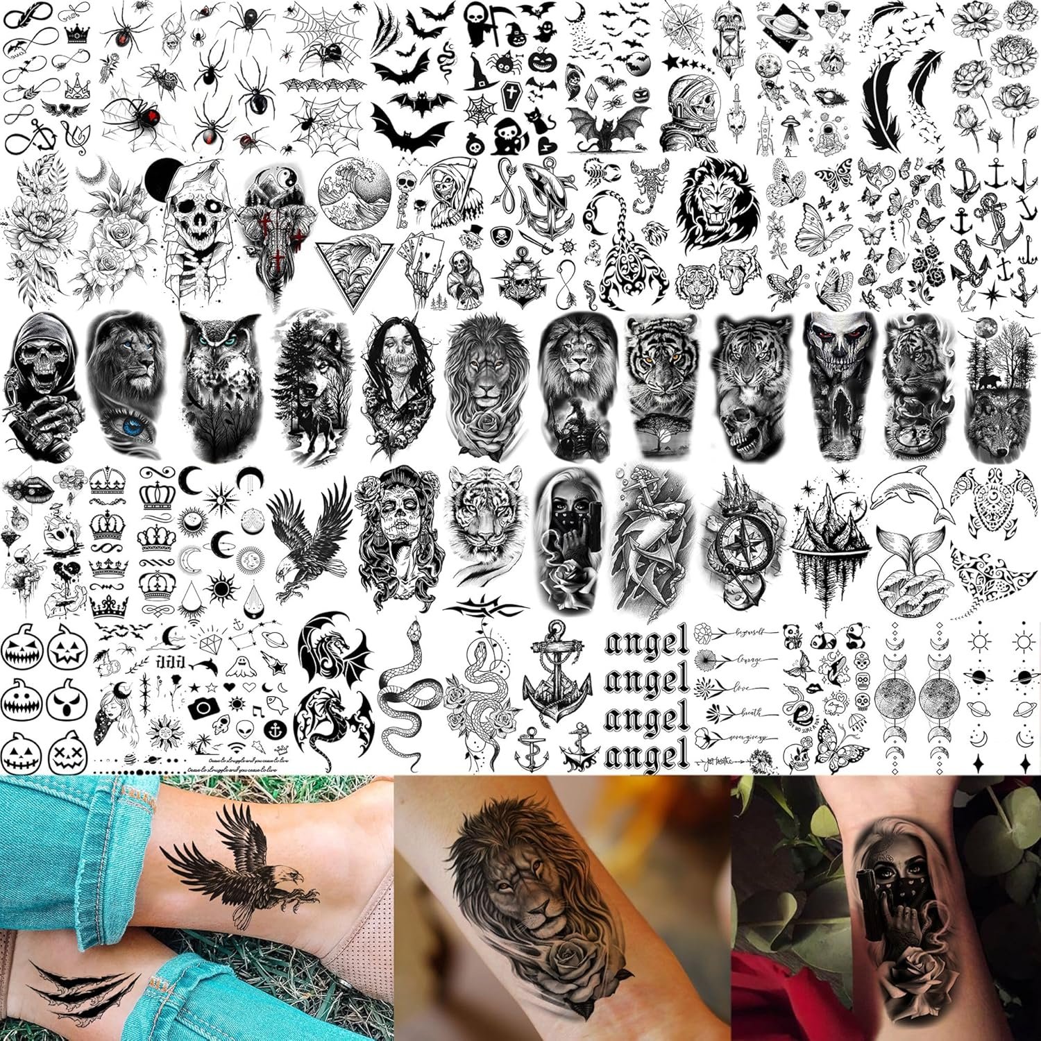 71 Sheets Dead Skull Temporary Tattoos For Women Men Adults, Old School Halloween Fake Tattoo Stickers Tiger Wolf Lion Dragon Flowers, Temp Punk Gothic Chicano Carp Skeleton Tattoo Indian Eagle Floral - Image 5