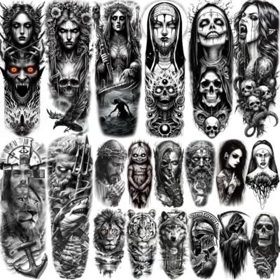 20 Sheets Black Gothic Full Arm Temporary Tattoos For Men Adults Thigh, Nun Girl Skull Skeleton Zeus God Jesus Christ Fake Sleeve Tattoos For Women