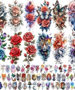 69 Sheets Watercolor 3D Rose Flowers Temporary Tattoos For Women Girls Adults, Realistic Peony Florals Fake Tattoo Stickers Dreamcatcher, Colorful Bulk Half Arm Sleeve Tattoo Butterfly Tiger