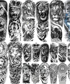 20 Sheets Cool Lion Full Arm Temporary Tattoos For Men Adults Thigh, Wolf Tiger Warrior Maori Totem Fake Sleeve Tattoos For Women, 3D Bulk Black Tribal Clock Halloween Tattoo Stickers
