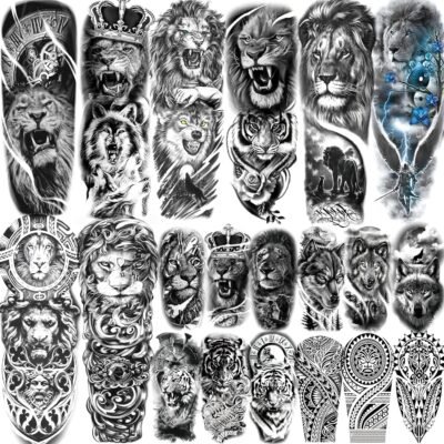 20 Sheets Cool Lion Full Arm Temporary Tattoos For Men Adults Thigh, Wolf Tiger Warrior Maori Totem Fake Sleeve Tattoos For Women, 3D Bulk Black Tribal Clock Halloween Tattoo Stickers