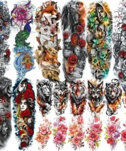 20 Sheets Extra Large Full Arm Temporary Tattoos For Women Thigh, Wolf Fox Peacock Skull Rose Flower Sleeve Tattoos For Adults, 3D Long Lasting Temp Bulk Lion Nun Witch Halloween Fake Tattoo Stickers