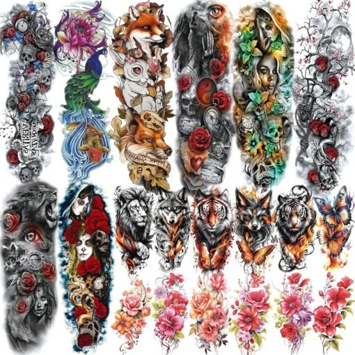 20 Sheets Extra Large Full Arm Temporary Tattoos For Women Thigh, Wolf Fox Peacock Skull Rose Flower Sleeve Tattoos For Adults, 3D Long Lasting Temp Bulk Lion Nun Witch Halloween Fake Tattoo Stickers