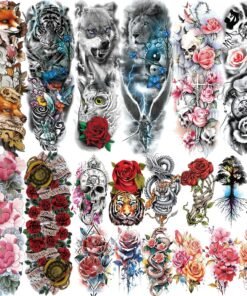 20 Sheets Sexy Rose Flower Full Arm Temporary Tattoos For Women Girl, Large Peony Lotus Florals Wolf Lion Tiger Fox Skull Fake Sleeve Tattoo