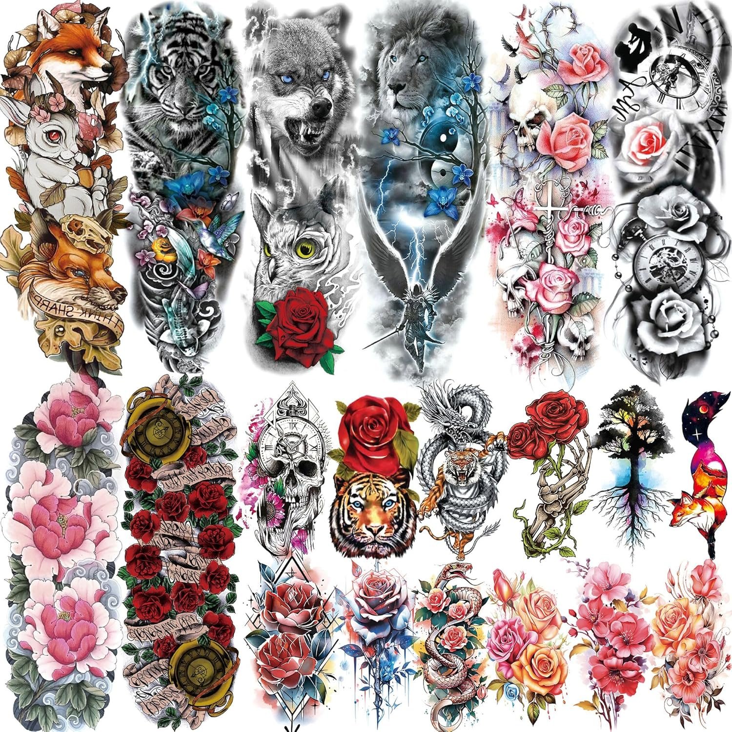 20 Sheets Sexy Rose Flower Full Arm Temporary Tattoos For Women Girl, Large Peony Lotus Florals Wolf Lion Tiger Fox Skull Fake Sleeve Tattoo