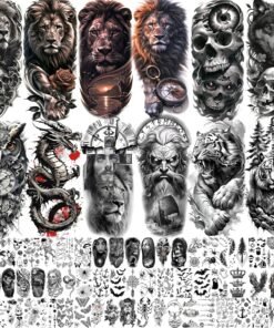 72 Sheets Cool Lion Tiger Temporary Tattoos For Women Men Adults, Waterproof Realistic Halloween Fake Tattoo Stickers Zeus God Jesus Christ Wolf Skull Skeleton Owl Dragon, Temp Gothic Black Tattoo