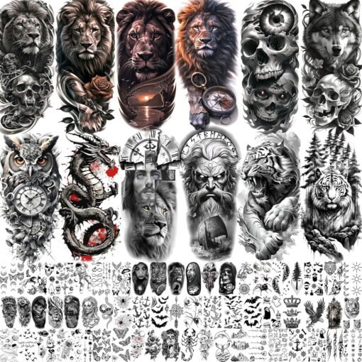 72 Sheets Cool Lion Tiger Temporary Tattoos For Women Men Adults, Waterproof Realistic Halloween Fake Tattoo Stickers Zeus God Jesus Christ Wolf Skull Skeleton Owl Dragon, Temp Gothic Black Tattoo