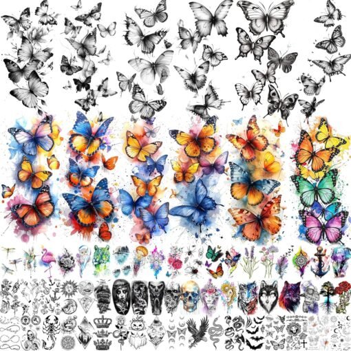 68 Sheets Realistic Butterflies Temporary Tattoos For Women Girls Adults Arm, Colored Long Lasting Temp Bulk Tattoo Rose Butterfly, 3D Black Butterfly Fake Tattoo Stickers Party Rave Accessories