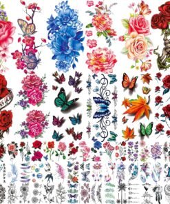 82 Sheets Flowers Temporary Tattoos Stickers, Roses, Butterflies and Multi-Colored Mixed Style Body Art Temporary Tattoos for Women, Girls or Kids