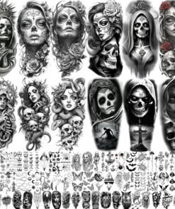 71 Sheets Halloween Chicano Women Temporary Tattoos For Men Adults Cholo Chola, Snake Prison Skull Skeleton Vampire Zombie Half Arm Sleeve Tattoo, Temp Bulk Fake Tattoo Stickers Day of Death Chicana