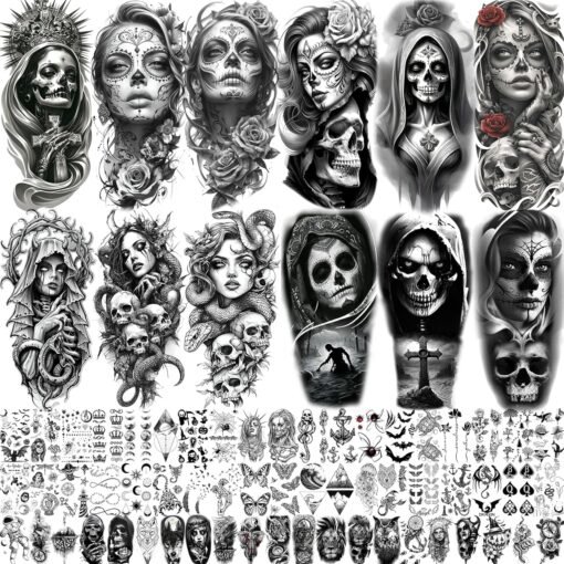 71 Sheets Halloween Chicano Women Temporary Tattoos For Men Adults Cholo Chola, Snake Prison Skull Skeleton Vampire Zombie Half Arm Sleeve Tattoo, Temp Bulk Fake Tattoo Stickers Day of Death Chicana