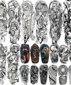 20 Sheets Black Zeus God Full Arm Temporary Tattoos For Men Adults, Egypt Judgement God Albis Snake Medusa Poseidon Fake Sleeve Tattoos For Women