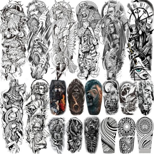 20 Sheets Black Zeus God Full Arm Temporary Tattoos For Men Adults, Egypt Judgement God Albis Snake Medusa Poseidon Fake Sleeve Tattoos For Women