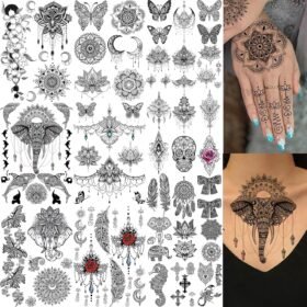 28 Sheets Tribal Black Temporary Tattoos For Women Girls, Waterproof Fake Tattoos Temporary Elephant Ganesha Lace Tattoo Kits, Lotus Mandala Flower Tatoo Sticker Moon Neck Chest Arm Butterfly