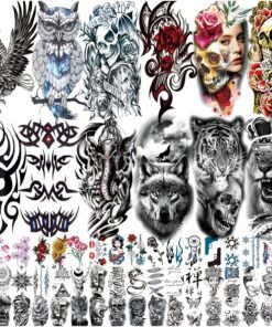 80 Sheets Temporary Tattoos Stickers, Fake Body Arm Chest Shoulder Tattoos for Men and Women, Halloween Temporary Tattoos Black Fake Skull Skeleton Tattoos for Halloween Cosplay