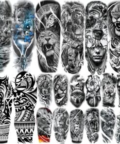 20 Sheets Lion Extra Full Arm Temporary Tattoos For Men Adults, 3D Maori Tiger Clock Fake Sleeve Tattoos For Women, Long Lasting Temp Bulk Tribal Halloween Tattoo Stickers Warrior Flower Gladiator