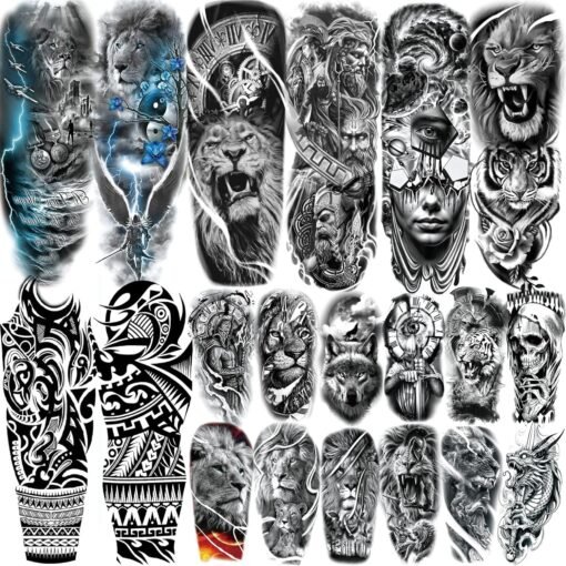 20 Sheets Lion Extra Full Arm Temporary Tattoos For Men Adults, 3D Maori Tiger Clock Fake Sleeve Tattoos For Women, Long Lasting Temp Bulk Tribal Halloween Tattoo Stickers Warrior Flower Gladiator