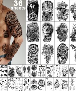 36 Sheets Temporary Tattoos Stickers, 12 Sheets Fake Body Arm Chest Shoulder Tattoos for Men or Women with 24 Sheets Tiny Black Tattoos