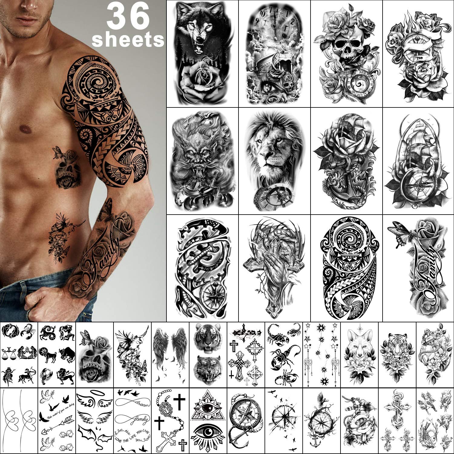 36 Sheets Temporary Tattoos Stickers, 12 Sheets Fake Body Arm Chest Shoulder Tattoos for Men or Women with 24 Sheets Tiny Black Tattoos
