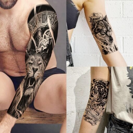 20 Sheets Cool Lion Full Arm Temporary Tattoos For Men Adults Thigh, Wolf Tiger Warrior Maori Totem Fake Sleeve Tattoos For Women, 3D Bulk Black Tribal Clock Halloween Tattoo Stickers - Image 7