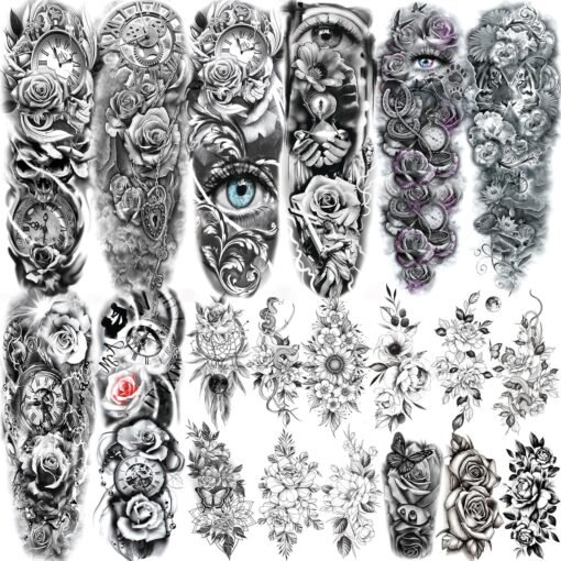 20 Sheets Sexy Rose Flower Full Arm Temporary Tattoos For Women Adults Thigh, 3D Halloween Tattoo Stickers