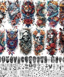 71 Sheets Dead Skull Temporary Tattoos For Women Men Adults, Old School Halloween Fake Tattoo Stickers Tiger Wolf Lion Dragon Flowers, Temp Punk Gothic Chicano Carp Skeleton Tattoo Indian Eagle Floral