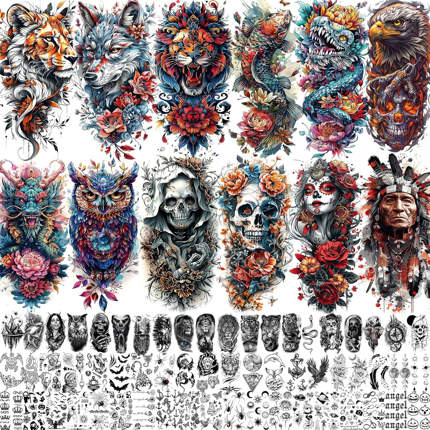 71 Sheets Dead Skull Temporary Tattoos For Women Men Adults, Old School Halloween Fake Tattoo Stickers Tiger Wolf Lion Dragon Flowers, Temp Punk Gothic Chicano Carp Skeleton Tattoo Indian Eagle Floral